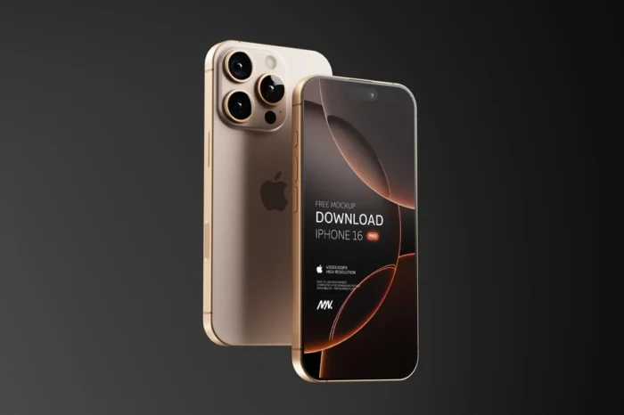 Free iPhone 16 Pro mockup PSD for showcasing app UI/UX designs with Smart Object layers