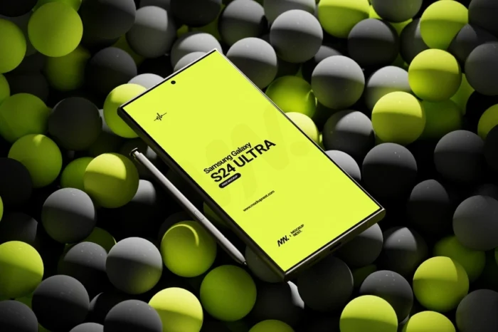 Free Samsung Galaxy S24 Ultra mockup PSD for Android app UI/UX design with Smart Object layers