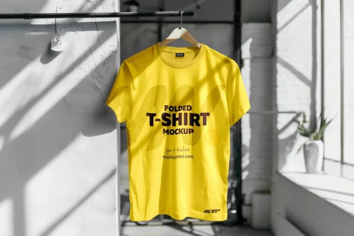 Indoor Light Hanging T-Shirt PSD Mockup for showcasing t-shirt designs in a realistic setting.