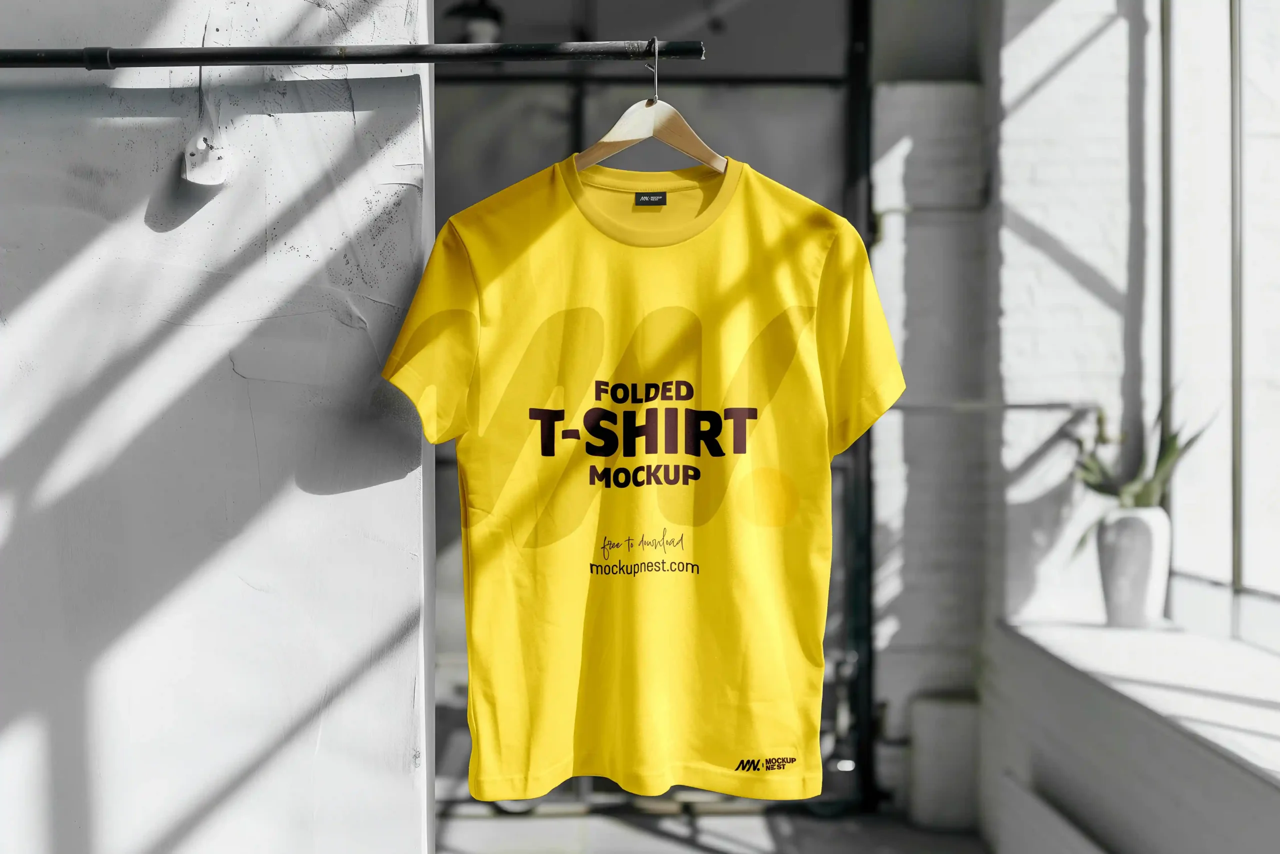 Indoor Light Hanging T-Shirt PSD Mockup for showcasing t-shirt designs in a realistic setting.
