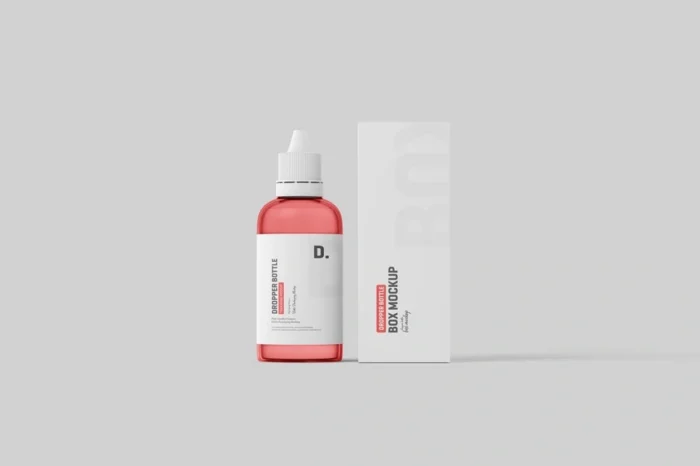 Orange serum bottle with white label and white cap, displayed alongside matching packaging box for cosmetic branding presentation.