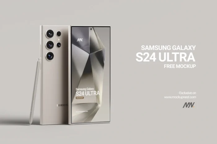 Free Samsung Galaxy S24 Ultra mockup PSD for showcasing Android app UI/UX designs with Smart Objects
