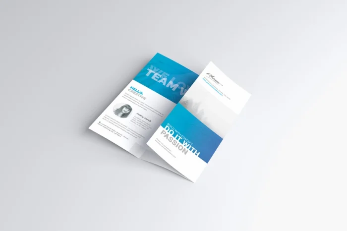 US Letter trifold brochure mockup PSD with realistic folds and editable design layout.