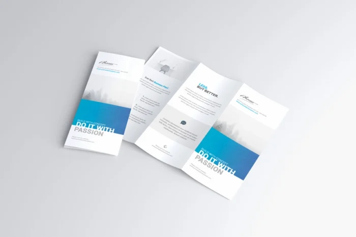 Realistic trifold brochure mockup PSD with editable design and multiple presentation angles.