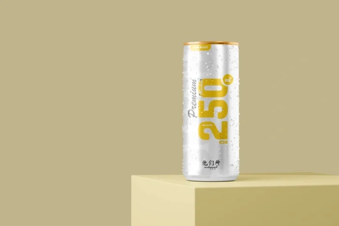 Free realistic 250ml soda can mockup PSD for beverage branding and packaging design