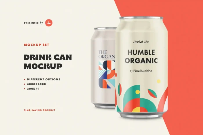 Free aluminium can mockup with matte, gloss, and water drop textures for drink branding.