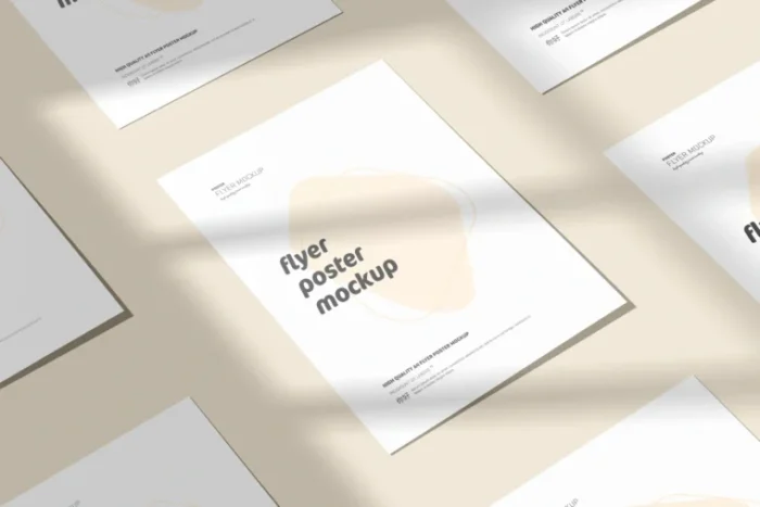 Free A4 flyer paper mockup showcasing realistic design with soft shadows and professional details.