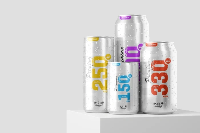 Free multisize beer can mockup with 150ml, 250ml, 330ml, and 500ml customizable PSDs