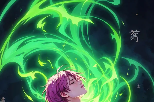 4K Anime Style Guy with Green Aura Wallpaper for Mobile