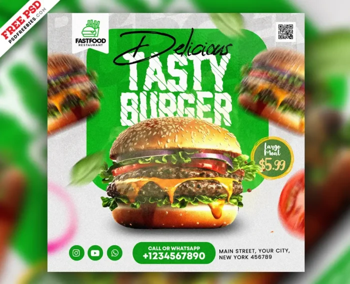 Food brand promotional flyer template in PSD format. Customizable design for showcasing menus and special offers.