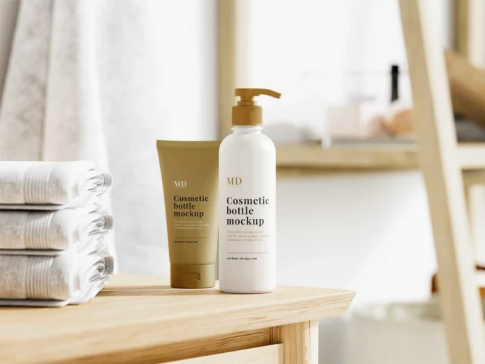 Free cosmetic pump bottle and tube mockup PSD for skincare packaging design presentation and branding showcase.