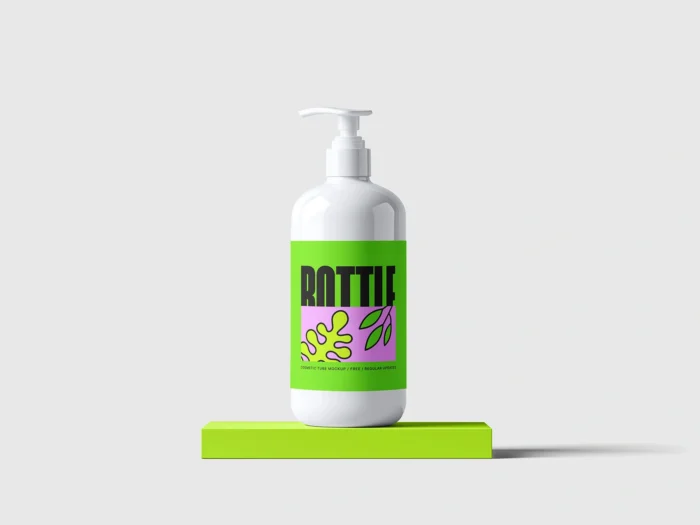 White cosmetic pump bottle mockup with editable label for customizing skincare and beauty packaging design presentations.