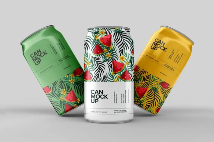 Free soda can mockup with editable metallic details and smart layers for beverage branding.