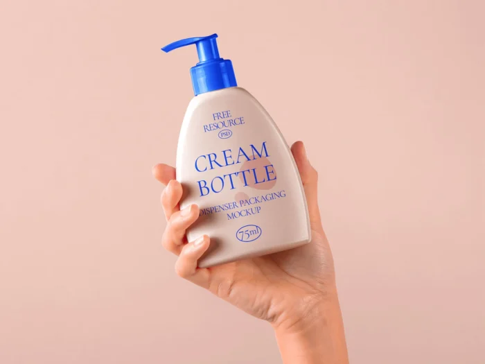 Hand holding a cosmetic pump bottle mockup, perfect for skincare and beauty branding presentations.