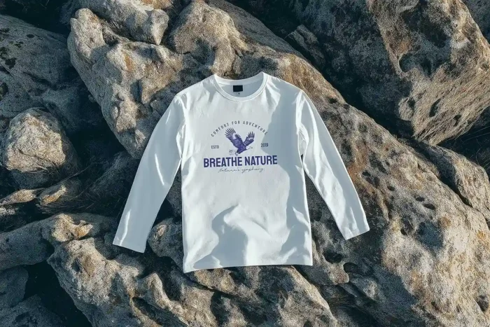 Free Long Sleeve T-Shirt Mockup for showcasing apparel designs with realistic fabric details.