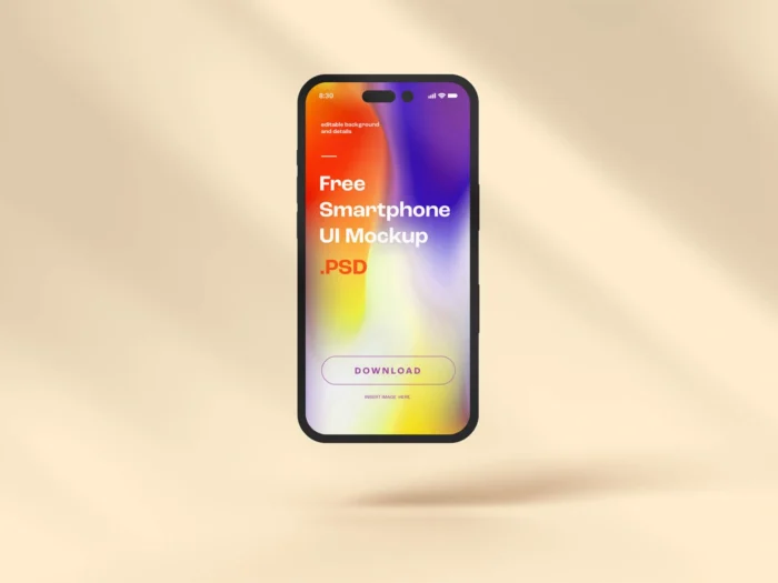 Free Smartphone UI Mockup PSD for showcasing app designs, UI/UX projects, and branding.