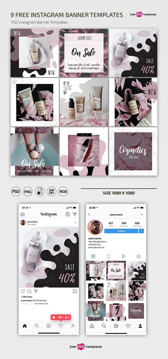 Free Cosmetics Instagram Set Templates for beauty brand promotion