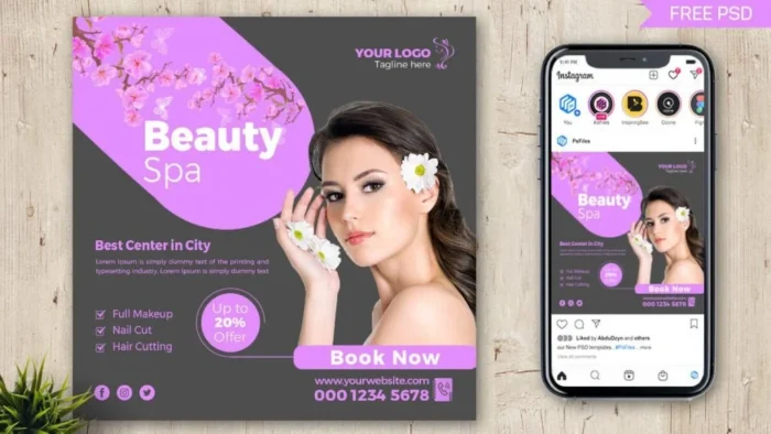 Beauty salon Instagram post template with editable text and modern design.