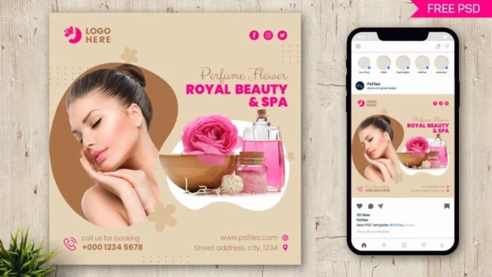 Elegant beauty salon Instagram post template with customizable design.