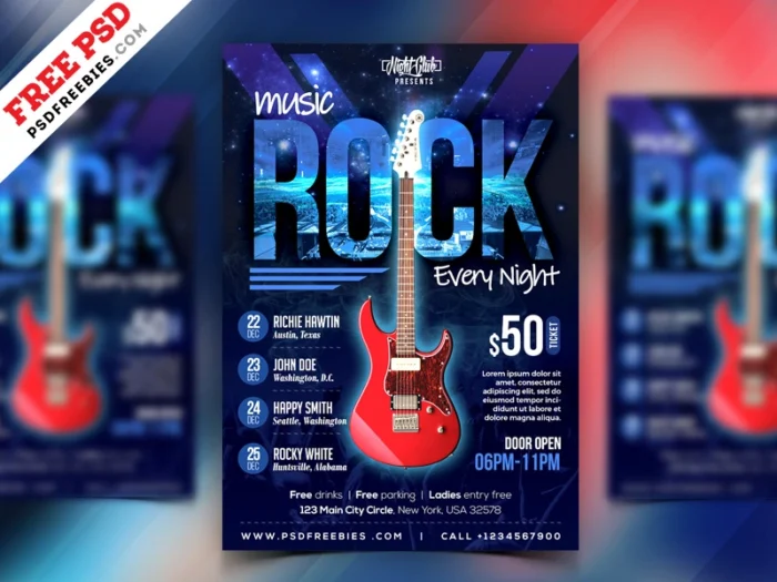 Music event flyer template with vibrant design.
