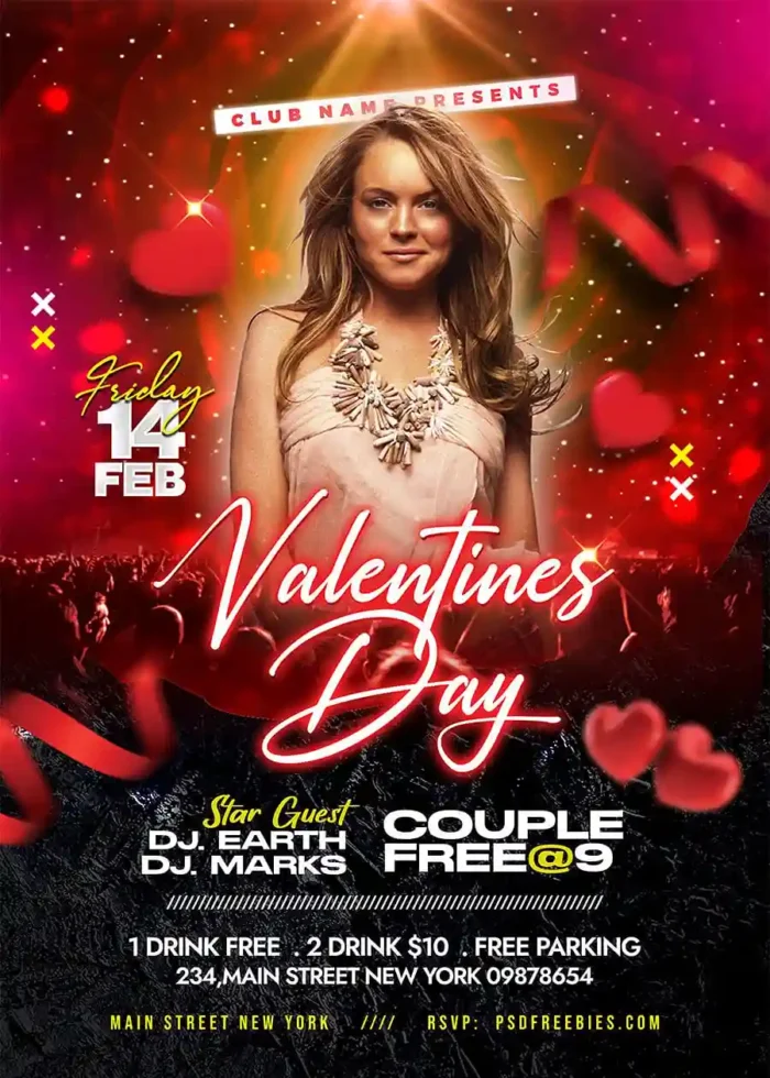 Valentine’s Day party invitation flyer in red and pink tones.