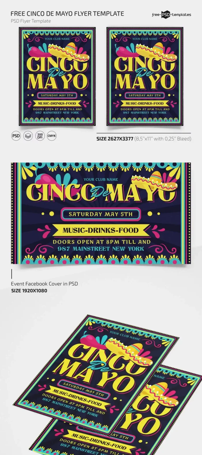 "Free Cinco de Mayo Poster Template with vibrant Mexican-inspired design.