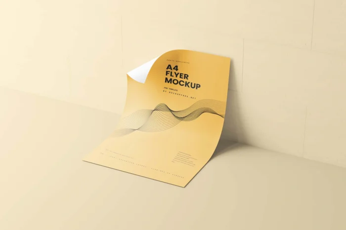 Free A4 Flyer Mockup with realistic rolled paper design for showcasing flyer artwork professionally.