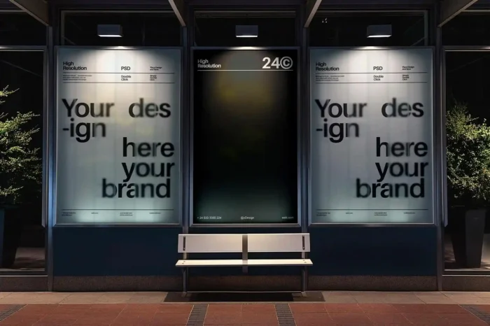 Bus stop lightbox billboard mockup PSD for realistic outdoor advertising design presentations.