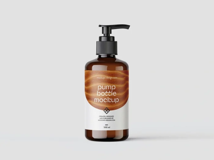 Editable brown and white label on black cosmetic pump bottle mockup for showcasing custom skincare packaging designs.