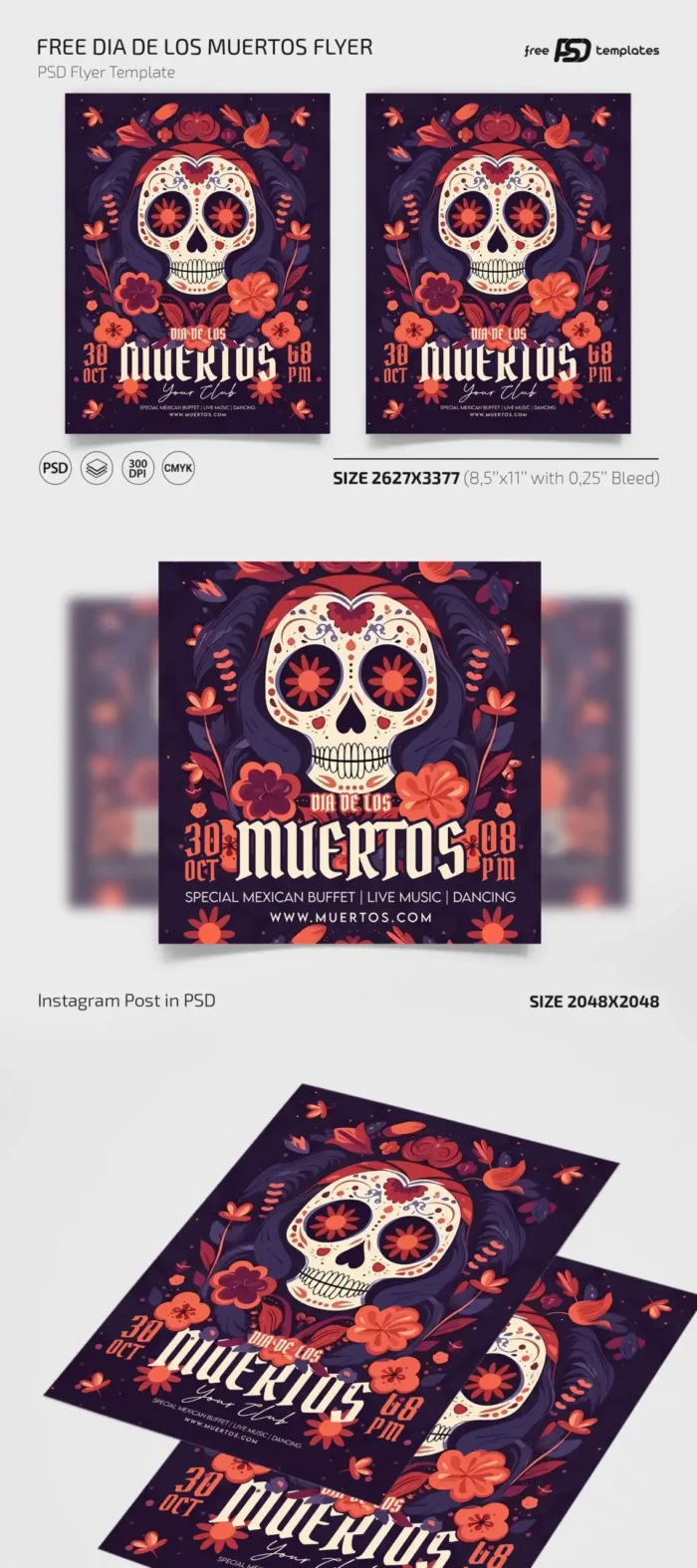 Free Día de los Muertos poster template with vibrant designs and festive elements. Perfect for promoting events or celebrations.