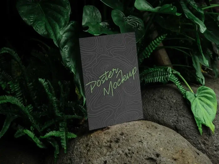 Free Poster Mockup on stone surface for realistic, textured artwork and branding presentations.