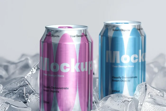 Free Realistic Ice Cubes & Soda Cans Mockup