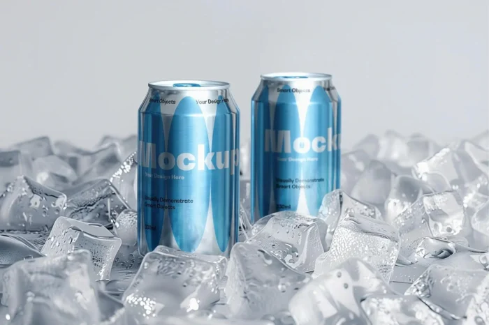 Free soda can mockup with ice cubes for cold drink packaging and branding design