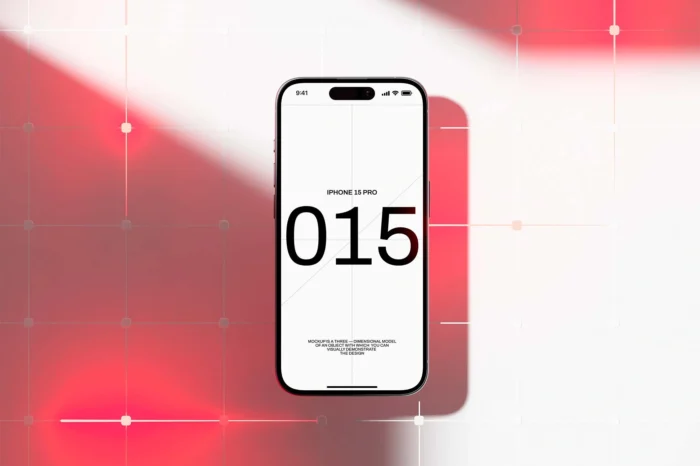 Free Realistic iPhone 15 mockup PSD for showcasing app UI/UX designs with Smart Object layers