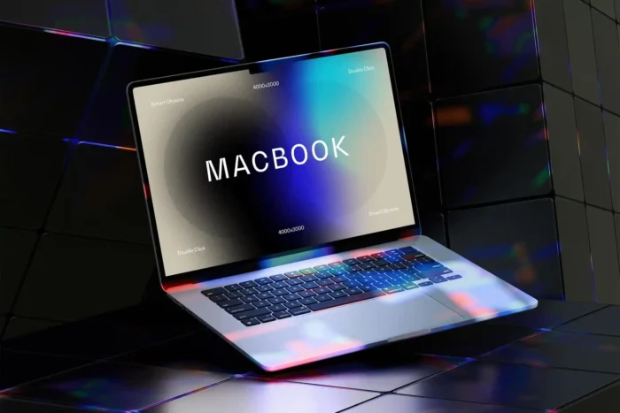 Free Neon Light MacBook Air Mockup for showcasing UI/UX designs and branding projects.