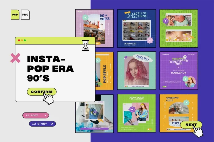 Retro Instagram PSD templates with colorful '90s design