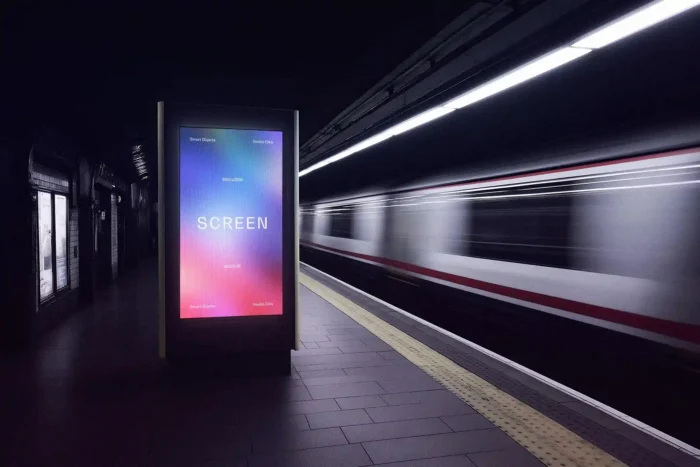 Subway station screen mockup showcasing digital ads and promotional designs in an urban setting.