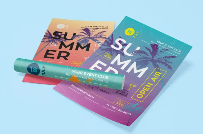 Summer theme poster template with tropical elements and vibrant colors.