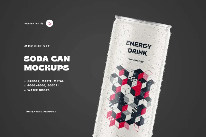Free tall can mockup with editable finishes and smart objects for soda or energy drink branding.