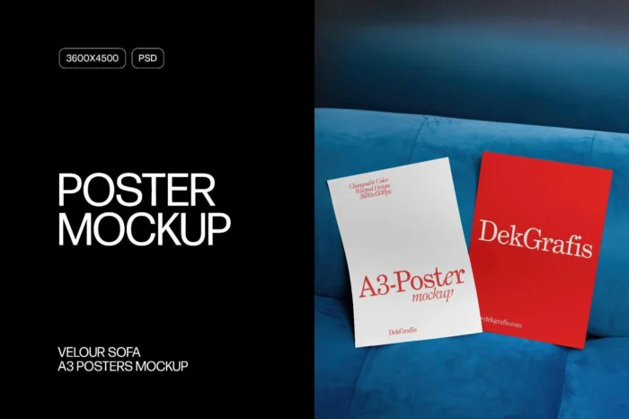 A3 poster mockup with chic blue sofa background for showcasing artwork and designs.