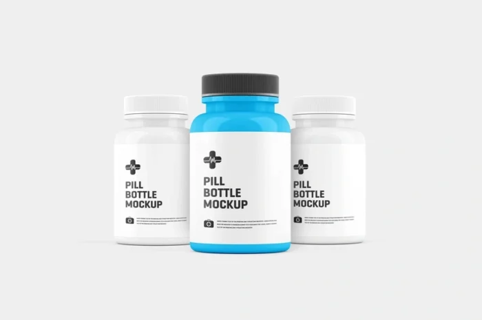 Pill bottle mockup with three bottles — one in front and two blurred in the background, ideal for supplement branding.