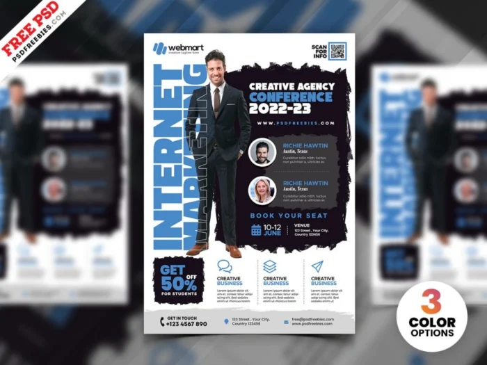 Free professional seminar promotional flyer template in A4 size, editable PSD format.