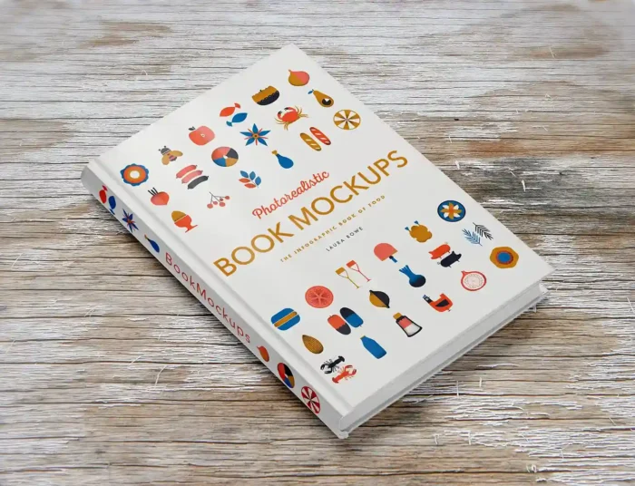Free hardcover book mockup PSD with wooden backgrounds for realistic book cover design presentations.