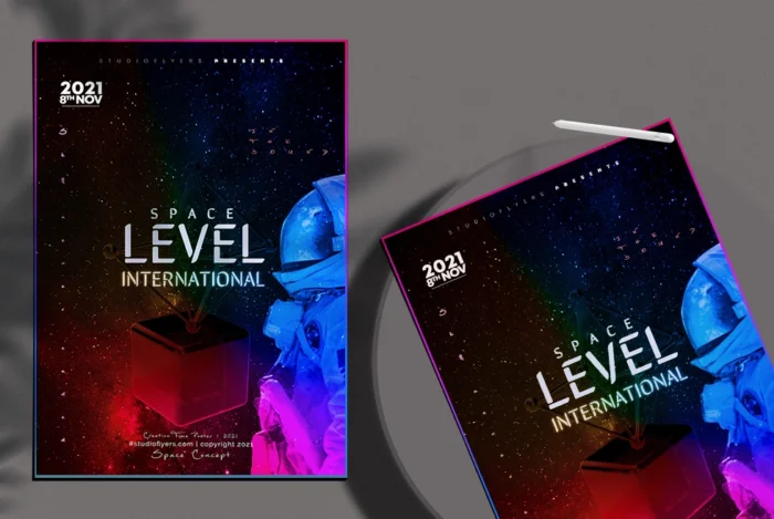 Free Space Concept flyer template for sci-fi events, tech conferences, and promotions