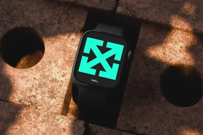 Free Apple Watch mockup with editable screen on urban brick background for UI/UX app design.