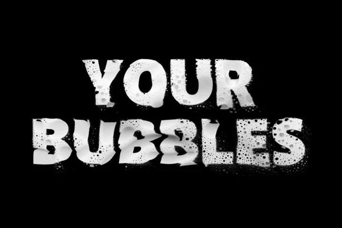 Free distort bubble text effect PSD with wavy, liquid typography for trendy modern designs.