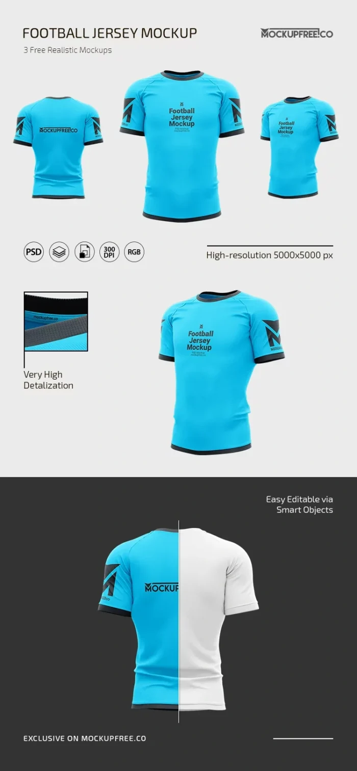 Free football jersey mockup PSD for sportswear branding and customizable team uniform designs.