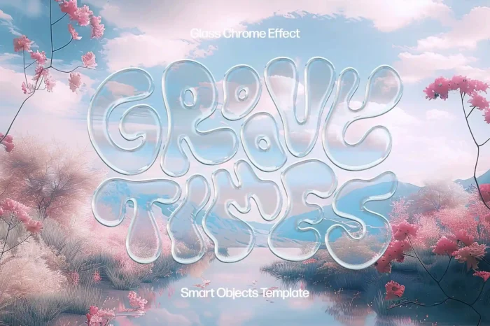 Free Glass Chrome Text Effect PSD for sleek, reflective modern design projects.