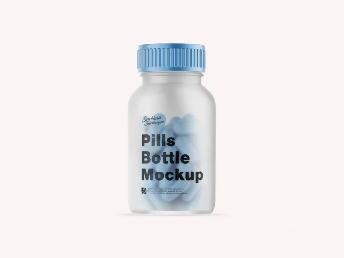Realistic Pills Bottle Mockup with metallic, matte, and glossy finishes for packaging designs.