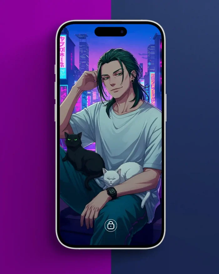 Free Anime Style Guy with Cats Wallpaper